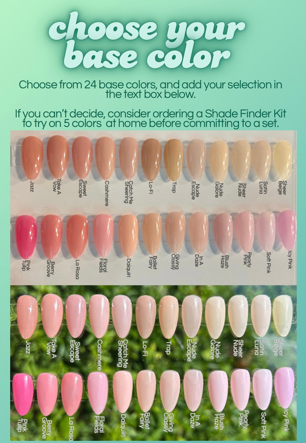 Nail color swatch chart with various base colors for nail polish selection.
