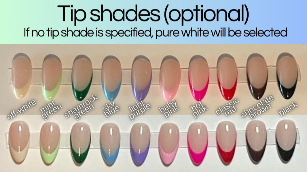 Color swatch chart for nail tip shades with text indicating optional selection.