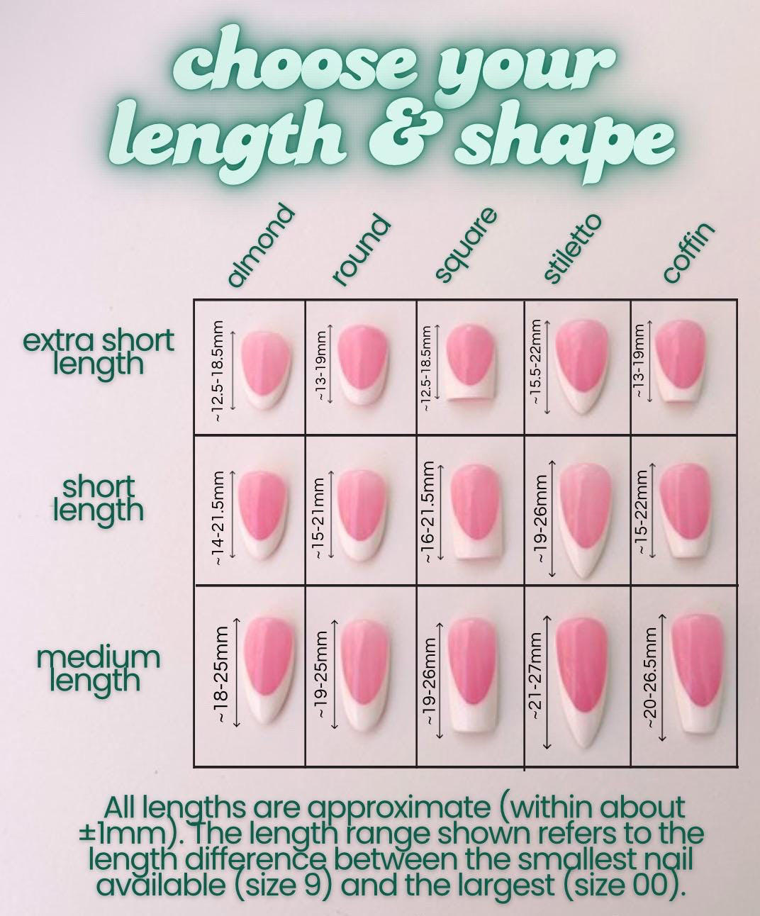 Nail length and shape chart with pink nail samples and text instructions.